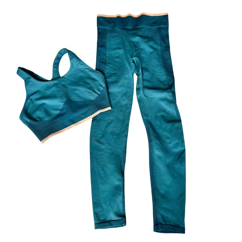 COS Teal Green Seamless Quick Dry Compression Sport Bra Legging Set L Athleisure